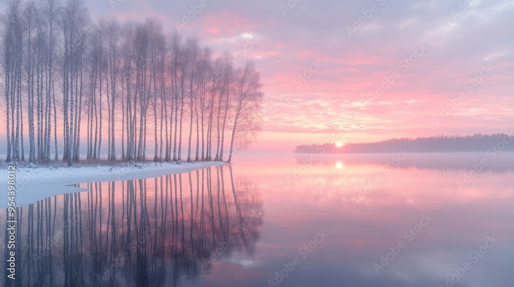 Obraz premium Silhouetted Birch Trees Against a Pink Sunset Over a Foggy Lake
