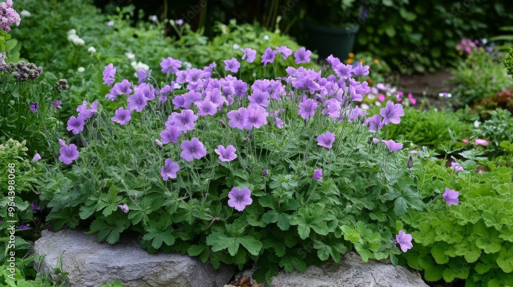 Perennial ornamental geraniums in rock garden Perennial ornamental geraniums in rock garden