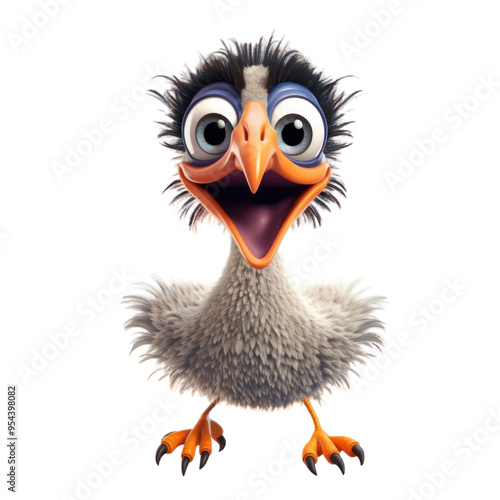 A cartoon baby bird with large eyes and an open beak, looking up with a joyful expression.