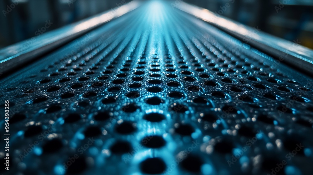 Macro shot of a conveyor belt's surface, capturing the patterns and materials, from rugged rubber to polished metal. Industrial aesthetic with depth Macro shot of a conveyor belt's surface, capturing the patterns and materials, from rugged rubber to polished metal. Industrial aesthetic with depth