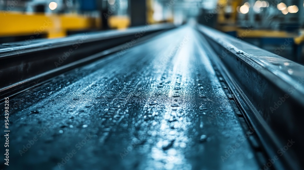 Macro shot of a conveyor belt's surface, capturing the patterns and materials, from rugged rubber to polished metal. Industrial aesthetic with depth Macro shot of a conveyor belt's surface, capturing the patterns and materials, from rugged rubber to polished metal. Industrial aesthetic with depth