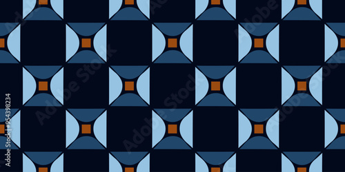  Complex geometric design interlocking square diamond shapes. Bold, contrasting colors striking visual effect, contemporary textiles, wallpapers, digital art. Easy to recolor allover print block. photo