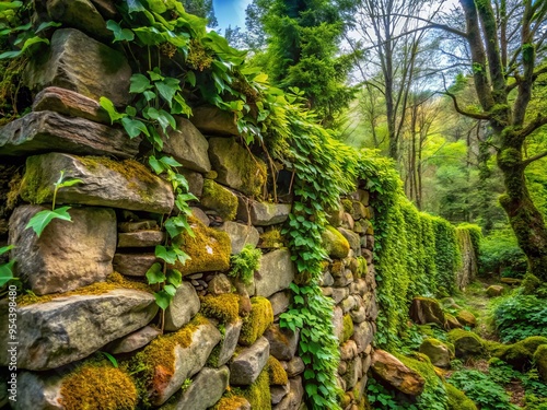 Weathered, rustic stone walls with moss and ivy overgrowth, blending seamlessly into the surrounding natural landscape, photo