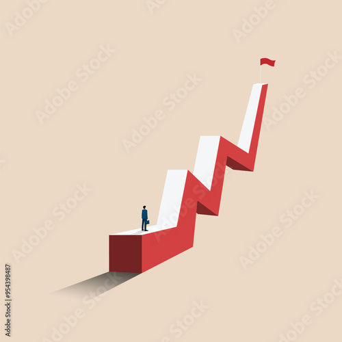 Businessman standing at the beginning of a red graph stairway representing growth
