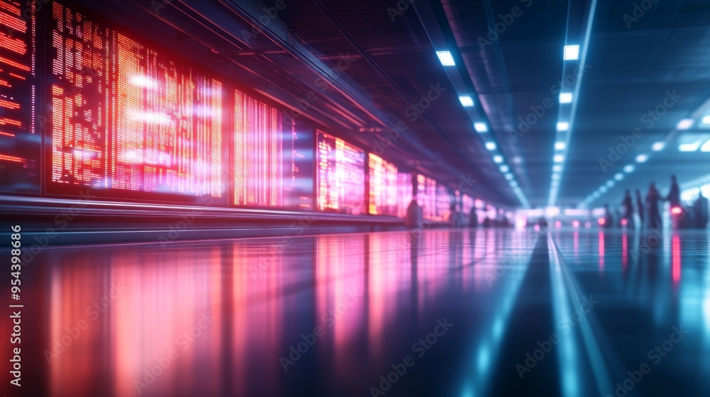 Modern airport terminal with sleek conveyor belts personalized by digital interfaces, passengers waiting for bags, vibrant LED displays reflecting flight info, Futuristic, Neon, Isometric Modern airport terminal with sleek conveyor belts personalized by digital interfaces, passengers waiting for bags, vibrant LED displays reflecting flight info, Futuristic, Neon, Isometric