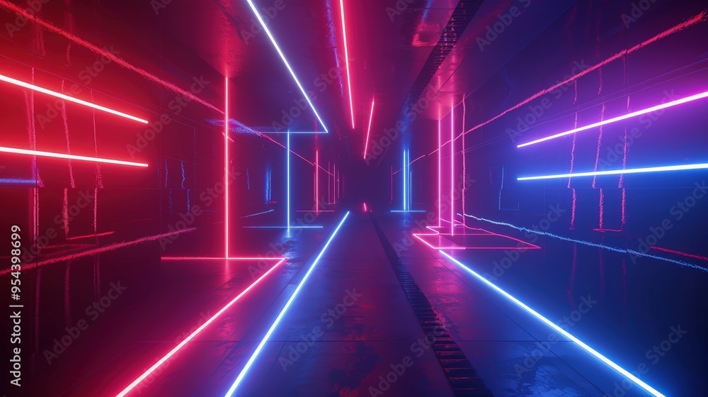 A futuristic corridor illuminated with vibrant neon lights in pink and blue hues. A futuristic corridor illuminated with vibrant neon lights in pink and blue hues.