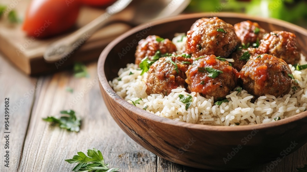 Meatballs and rice on a table Meatballs and rice on a table