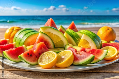 slices of some fresh and delicious flying oranges on a tropical background photo