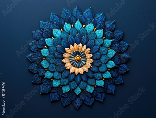 Beautiful mandala design featuring vibrant blue and aqua tones with intricate petal patterns and a central flower for decoration.