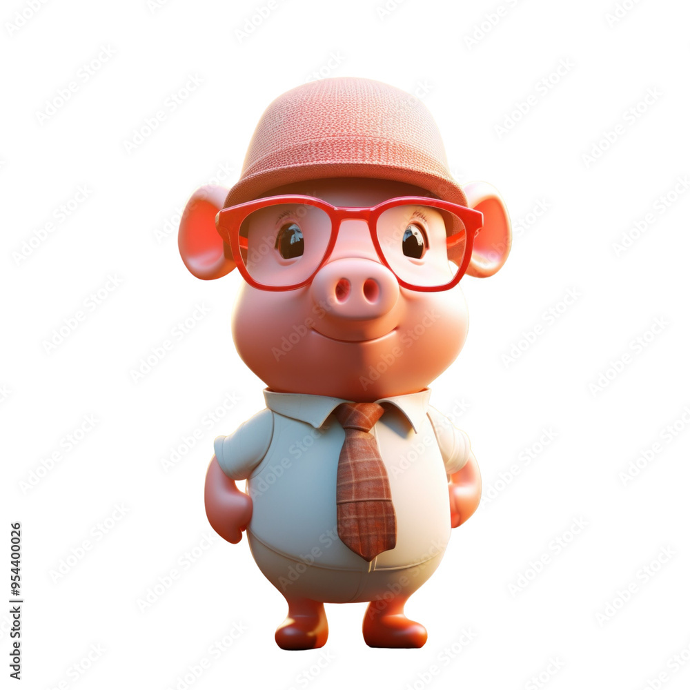 Fototapeta premium A cartoon pig wearing a white shirt, tie, glasses, and a red cap.