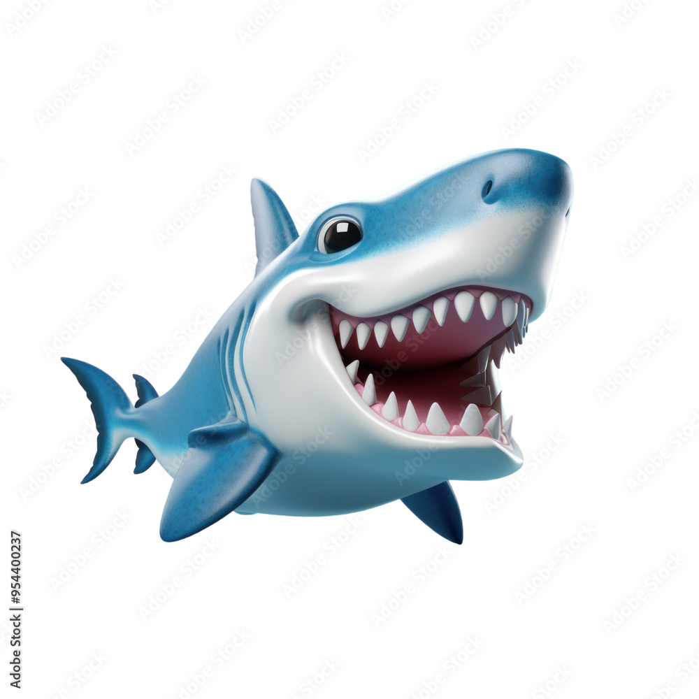 Fototapeta premium A cartoon shark with a big smile and open mouth, showing its sharp teeth.