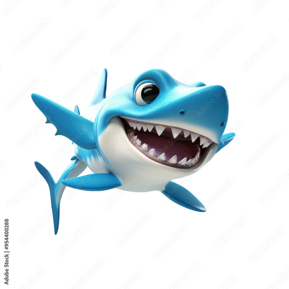 A cartoon shark with a toothy grin, blue and white, isolated on a black background. A cartoon shark with a toothy grin, blue and white, isolated on a black background.