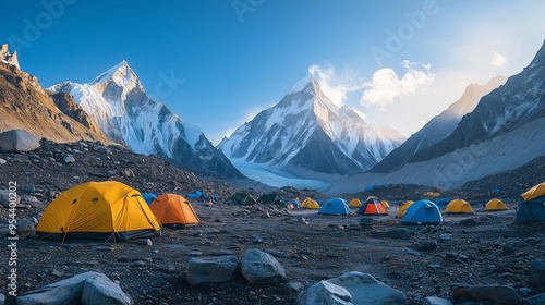 Mount Everest, view from base camp with small colorful tents scattered on the hillside, majestic mountains in the background, Ai generated Images