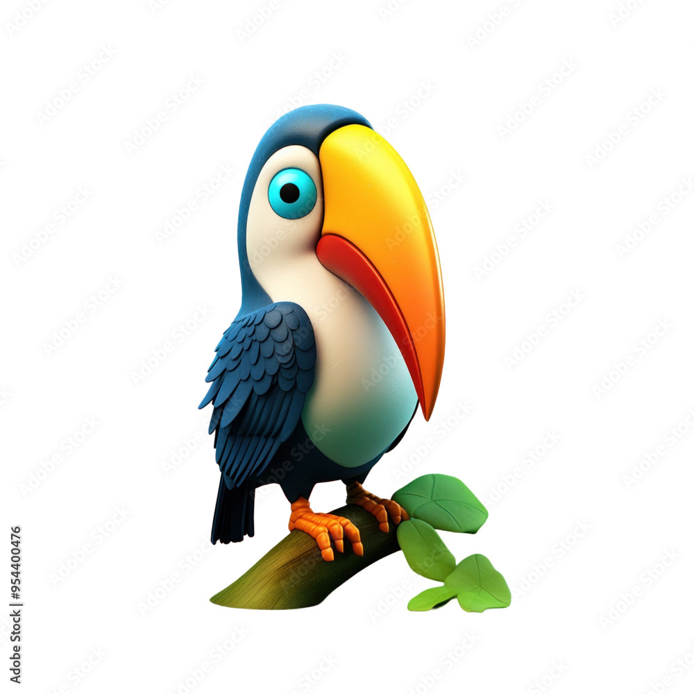 Obraz premium A cartoon toucan with a large beak, blue and white feathers, and big blue eyes sitting on a branch with green leaves.