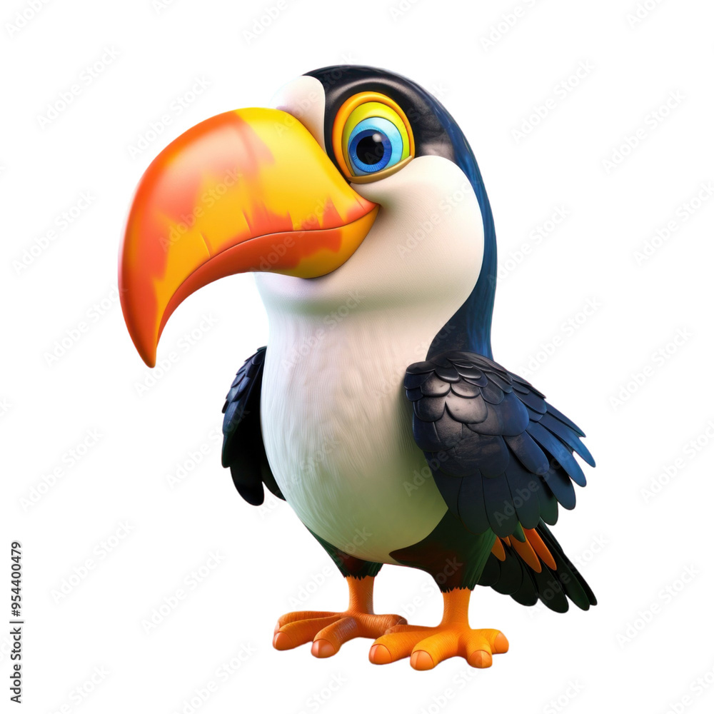 Naklejka premium A cartoon toucan with a large orange and yellow beak, blue eyes, and black and white feathers, standing on a transparent background.