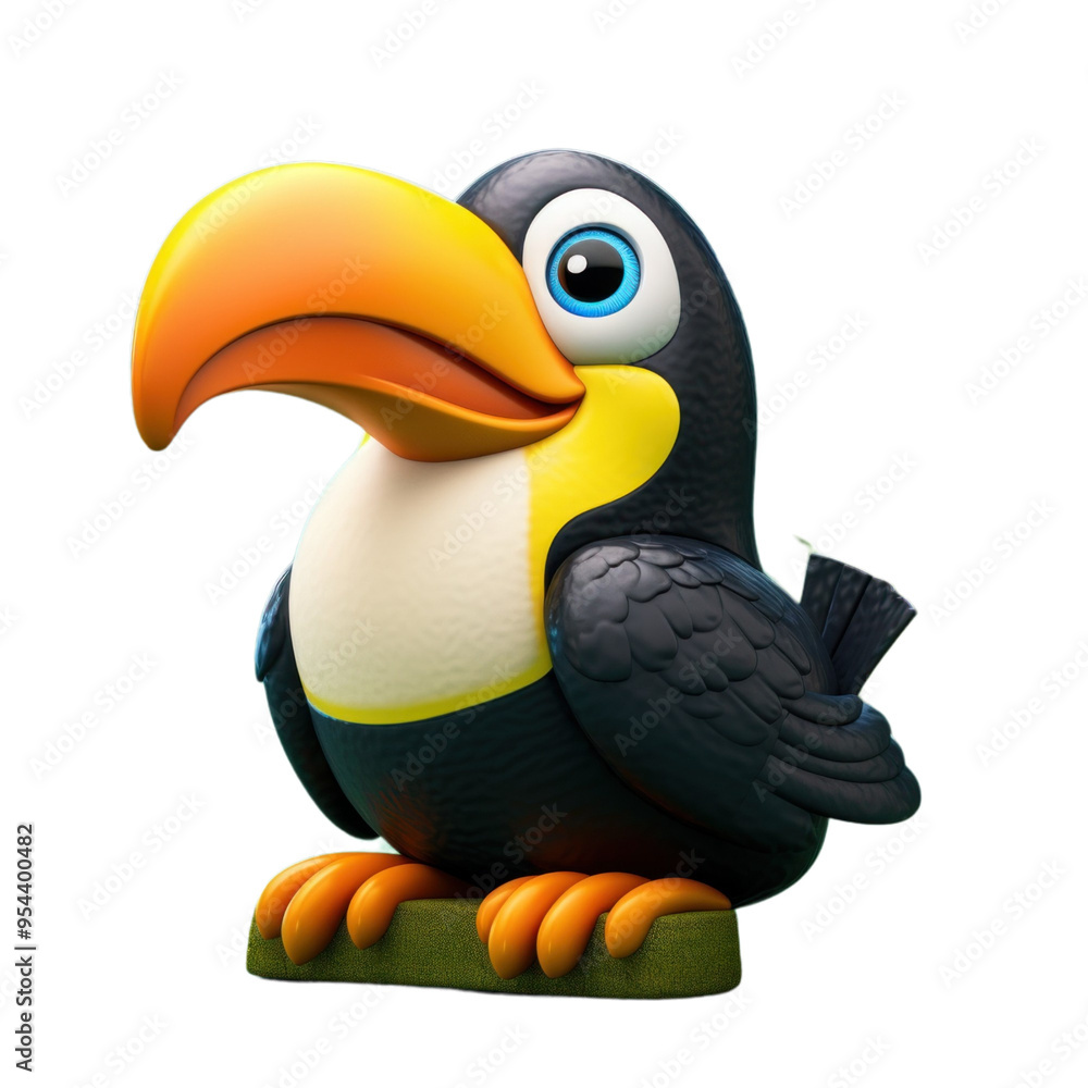 Naklejka premium A cartoon toucan with a large orange beak and blue eyes, standing on a green branch.