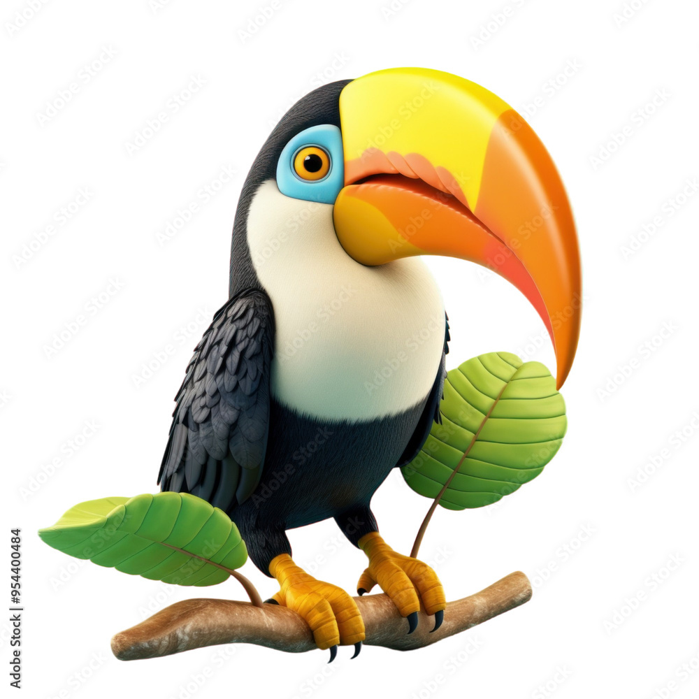 Fototapeta premium A cartoon toucan with a large orange beak perched on a branch with green leaves.