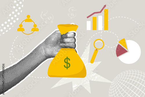 Trendy halftone collage.Concept of finance,business,investment,return on investment,money. Vector illustration