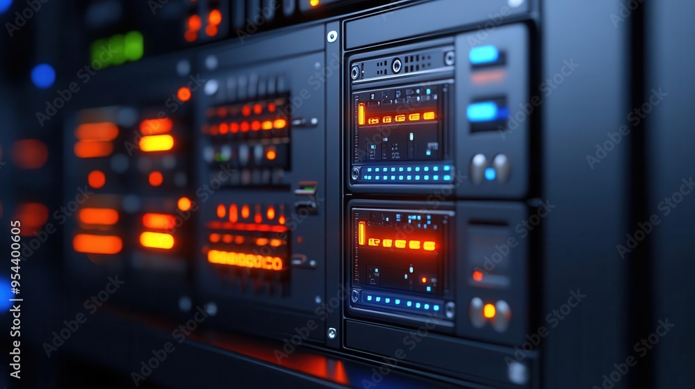 High-tech server rack with glowing panels displaying data, representing modern technology and information storage. High-tech server rack with glowing panels displaying data, representing modern technology and information storage.
