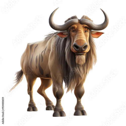 A cartoon wildebeest with large horns and a furry face standing on a black background.