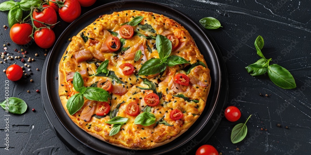 Top view of tuna pizza on plate Top view of tuna pizza on plate
