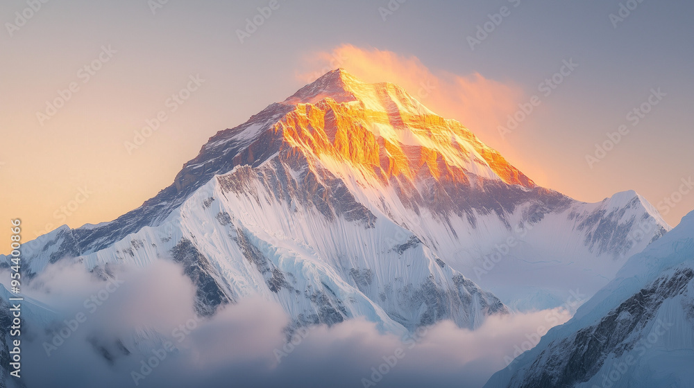 Mount Everest, the highest peak in the world covered in thick snow and surrounded by thin clouds, the sun rises with orange light shining on its peak, Ai generated Images Mount Everest, the highest peak in the world covered in thick snow and surrounded by thin clouds, the sun rises with orange light shining on its peak, Ai generated Images