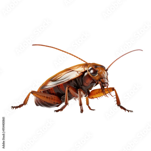 A close-up of a brown cockroach with long antennae and six legs. It is isolated on a black background.