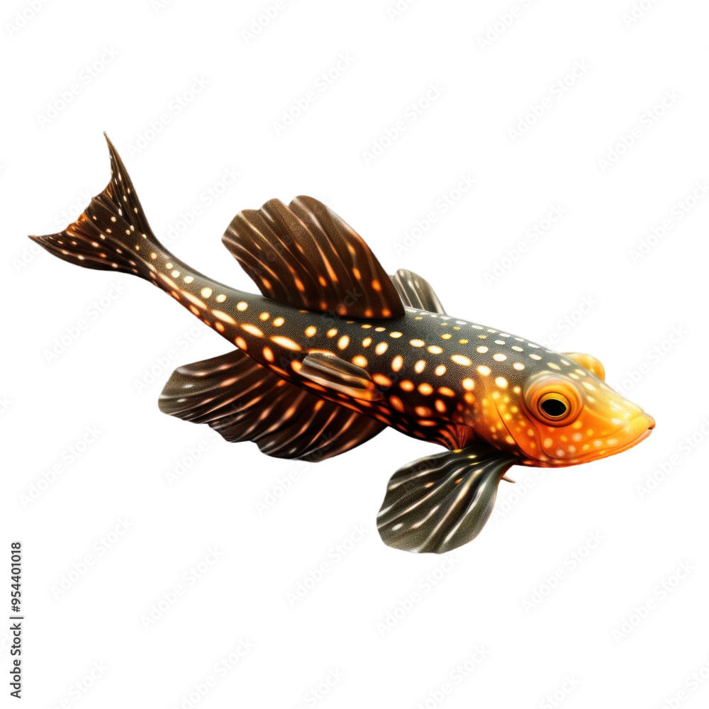A close-up of a spotted mandarin fish with a black background. A close-up of a spotted mandarin fish with a black background.