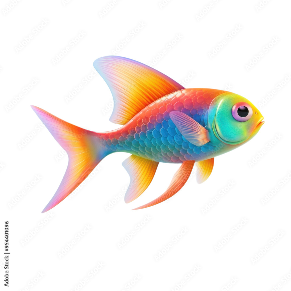 Fototapeta premium A colorful fish with orange, pink, yellow, and blue scales swims to the right.