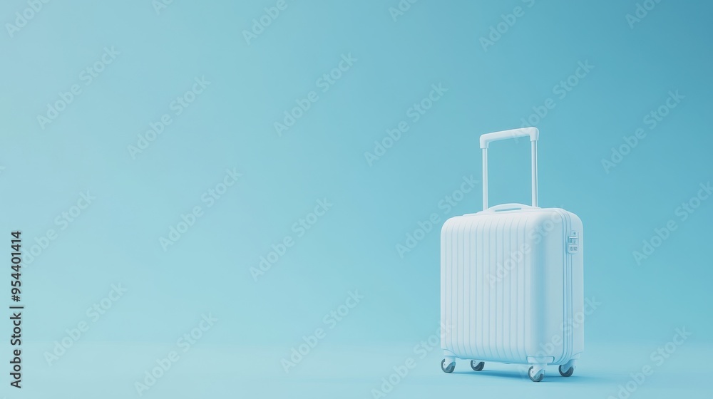 Vacation, business trip and travel concept with graphic passport cover, white suitcase and plane on light blue blank background with place for advertising poster. 3D rendering, mockup., Vacation, business trip and travel concept with graphic passport cover, white suitcase and plane on light blue blank background with place for advertising poster. 3D rendering, mockup.,