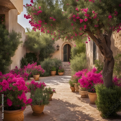 Fototapeta Naklejka Na Ścianę i Meble -  Mediterranean garden with blooming bougainvillea and olive trees - 1