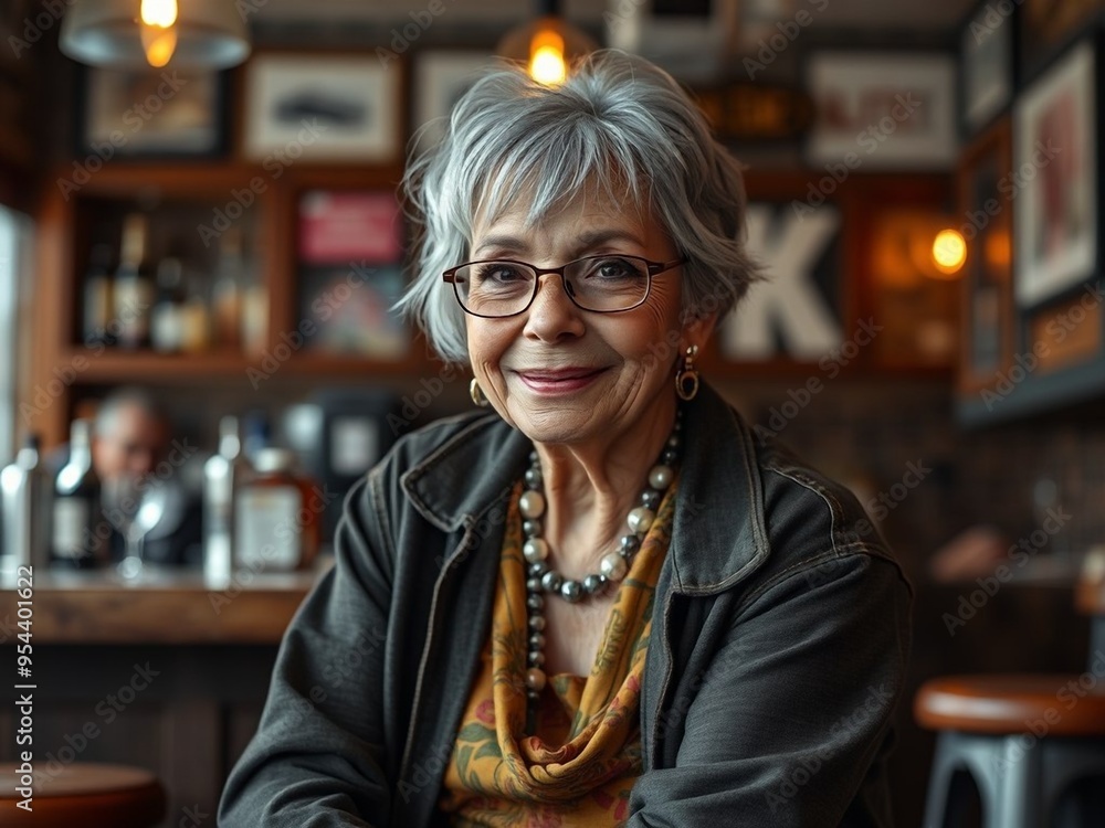 Professional photo of an older fashionista in a bar, casual makeup and stylized gray short hair, wandering smile, fusion style clothes.Travel Professional photo of an older fashionista in a bar, casual makeup and stylized gray short hair, wandering smile, fusion style clothes.Travel