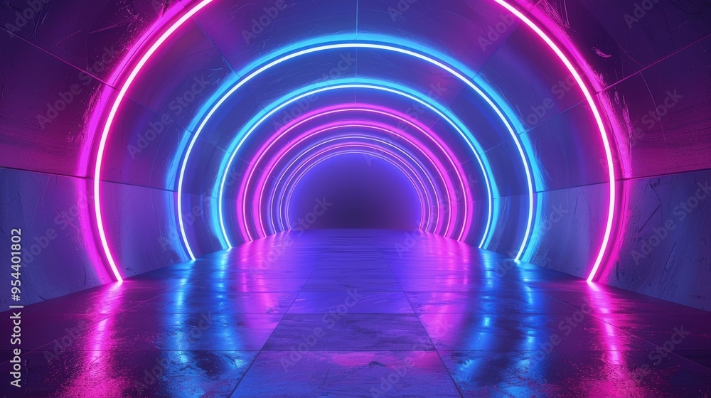 A vibrant neon-lit tunnel with colorful arches and reflective floor. A vibrant neon-lit tunnel with colorful arches and reflective floor.