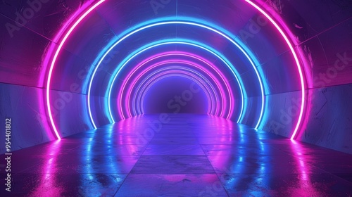 A vibrant neon-lit tunnel with colorful arches and reflective floor.