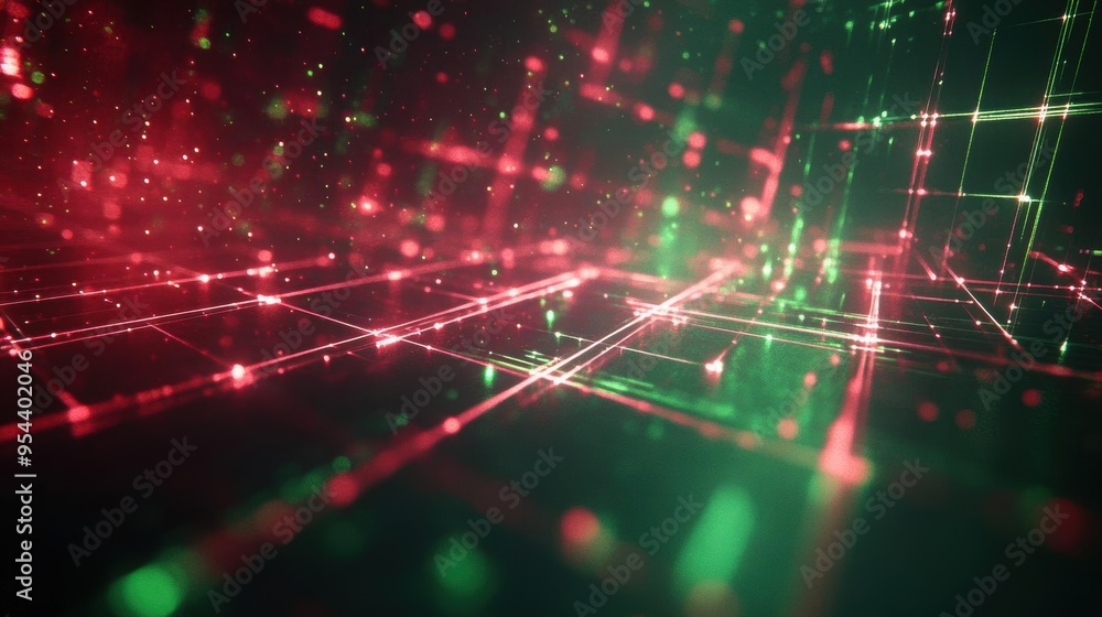 Abstract digital network with glowing red and green lines. Abstract digital network with glowing red and green lines.