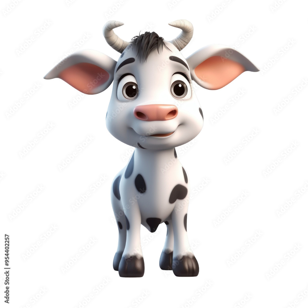 A cute cartoon calf with white and black fur, large brown eyes, and a friendly expression, standing on a white background. A cute cartoon calf with white and black fur, large brown eyes, and a friendly expression, standing on a white background.