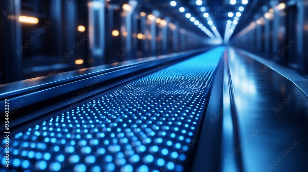 Fototapeta premium Smooth steel conveyor belt texture, reflecting soft blue neon lights, futuristic design elements, high detail, hyper-realistic rendering, 3D
