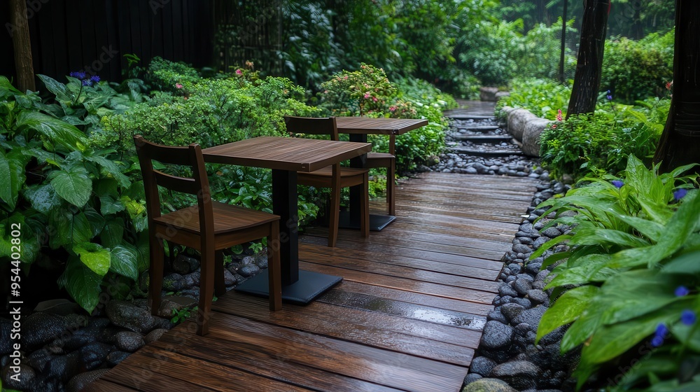 Serene garden pathway with wooden tables surrounded by lush greenery and smooth stones, ideal for outdoor dining and relaxation. Serene garden pathway with wooden tables surrounded by lush greenery and smooth stones, ideal for outdoor dining and relaxation.