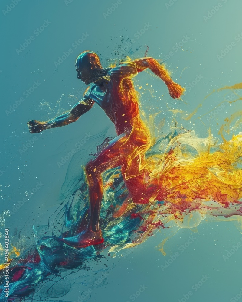 A dynamic and colorful representation of a runner, showcasing energy and movement through vibrant splashes of color. A dynamic and colorful representation of a runner, showcasing energy and movement through vibrant splashes of color.