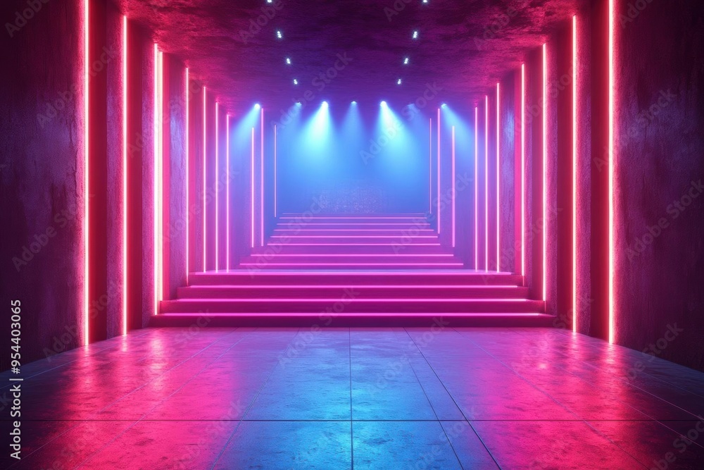 Neon lights illuminate a concrete staircase in a dark room, creating a futuristic and stylish atmosphere. Neon lights illuminate a concrete staircase in a dark room, creating a futuristic and stylish atmosphere.