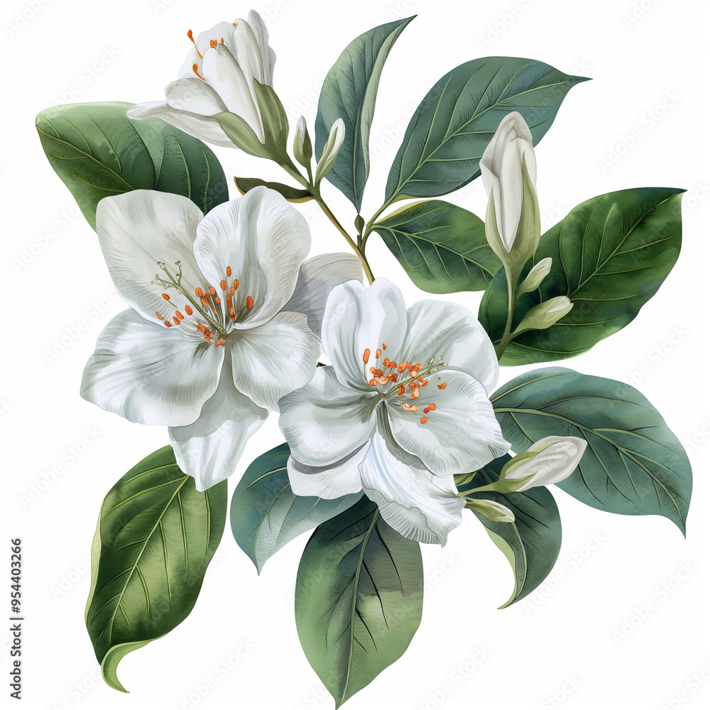 white flowers and green leaves is in a classic botanical style. white flowers and green leaves is in a classic botanical style.