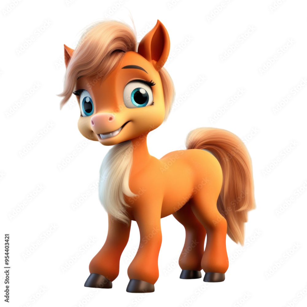 Fototapeta premium A cute cartoon horse with a big smile and a soft pink nose stands on a black background.