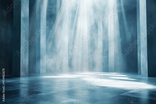 Abstract blue and white light beams in a dark room.