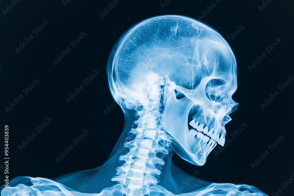 Detailed X-ray scan showing the human skull and cervical spine in side ...