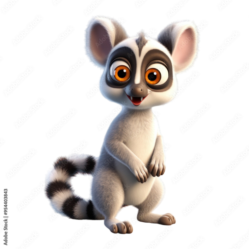 A cute cartoon lemur with big eyes and a bushy tail stands on all fours and smiles. A cute cartoon lemur with big eyes and a bushy tail stands on all fours and smiles.