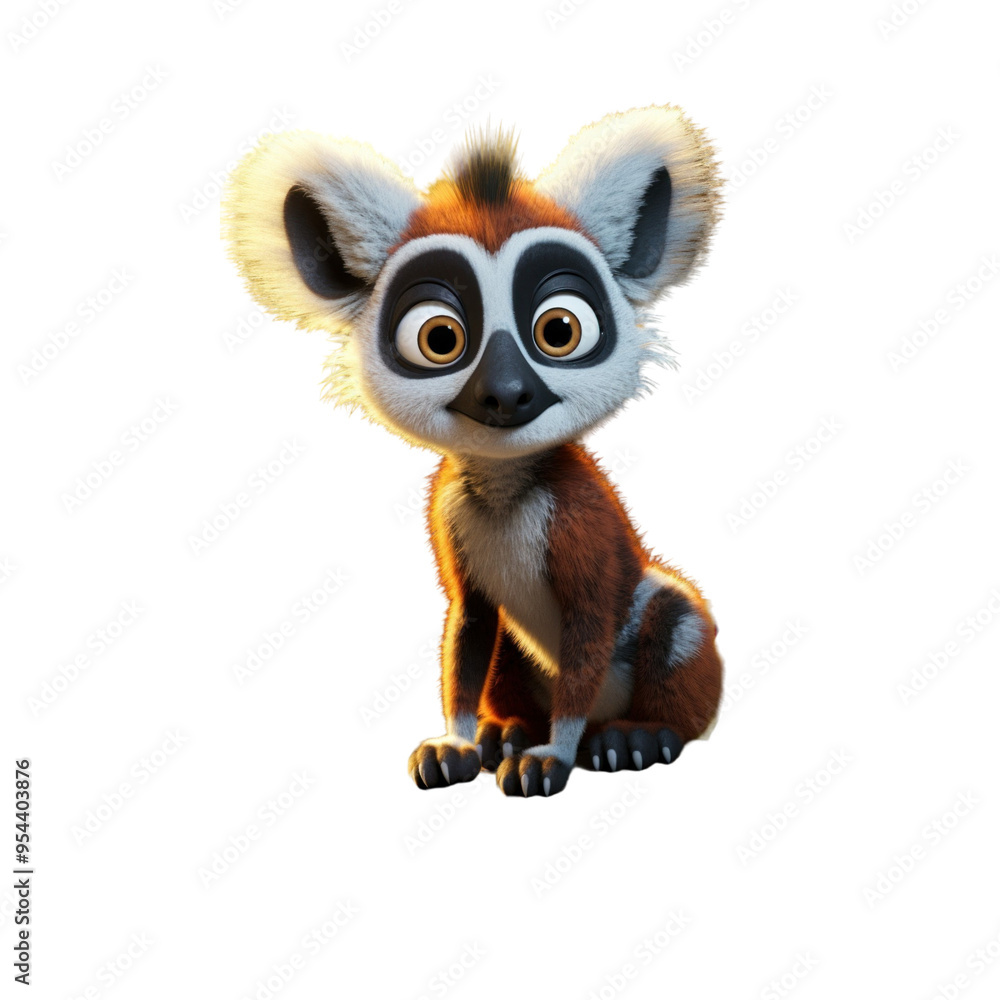 A cute cartoon lemur with big eyes and a fluffy tail sits against a white background. A cute cartoon lemur with big eyes and a fluffy tail sits against a white background.