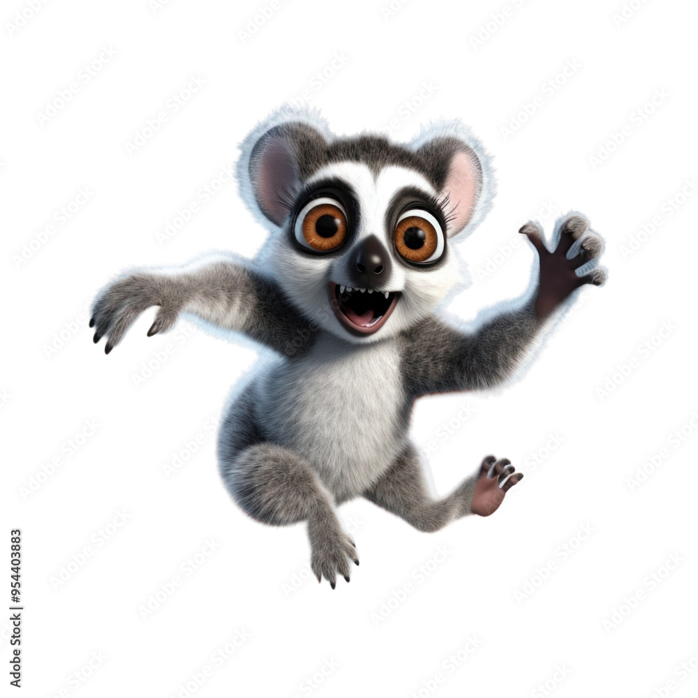 Obraz premium A cute cartoon lemur with big eyes and a toothy grin is running with its arm outstretched, looking happy and playful.
