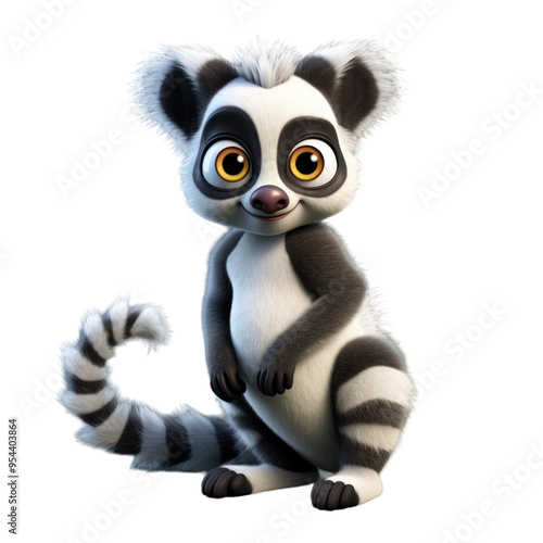 A cute cartoon lemur with big brown eyes and a fluffy tail, sitting on a white background.