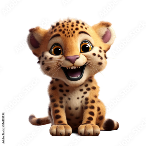 A cute cartoon leopard cub with big brown eyes and a toothy grin sits on a black background.