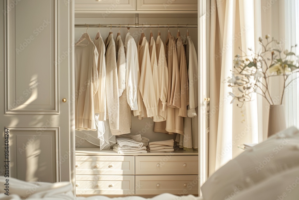 A serene wardrobe showcasing neatly organized clothing in soft neutral tones, ideal for inspiring home decor and minimalist design. A serene wardrobe showcasing neatly organized clothing in soft neutral tones, ideal for inspiring home decor and minimalist design.